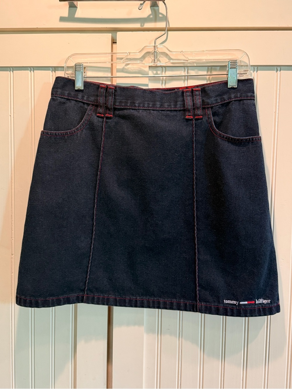 Tommy Hilfiger Dark Blue Denim Mini Skirt with Red Stitching